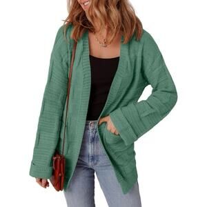 Open Front  Cable Knit Cardigan Pockets Womens Medium Mist Green Lightweight NEW
